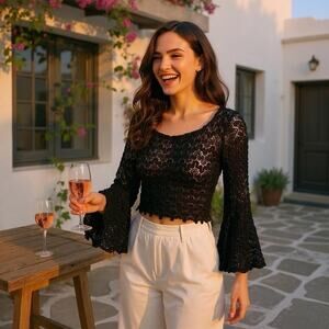 Necessary Objects Black Crochet Lace Bell Sleeve Sheer Whimsigoth Boho Y2K XS/S
